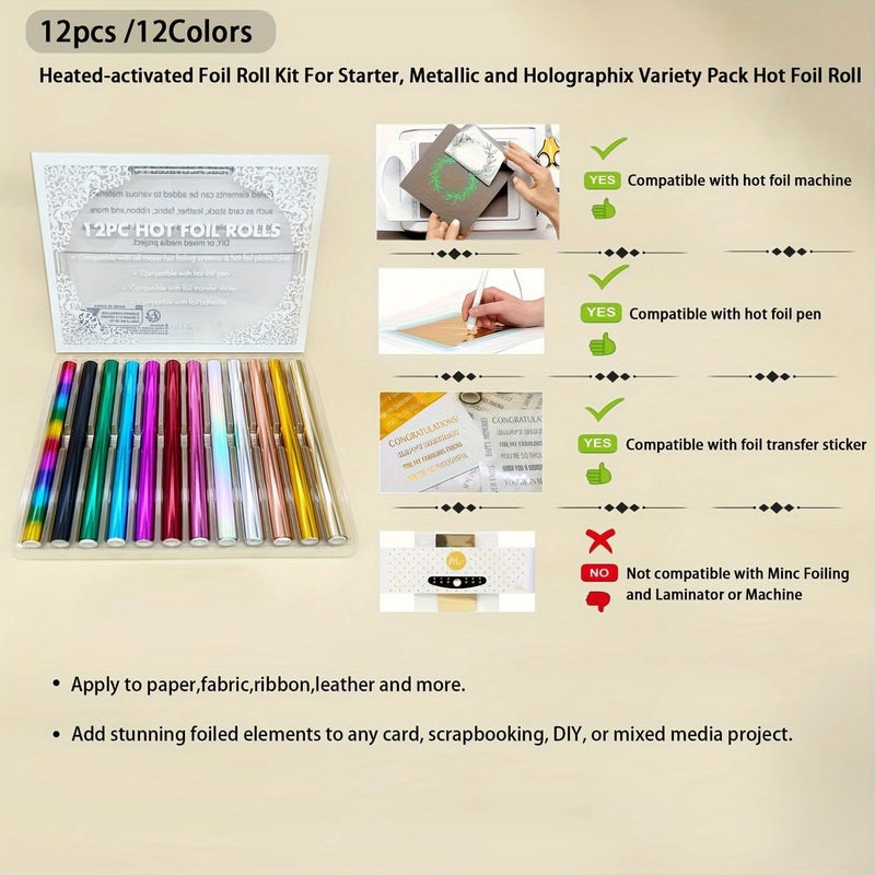 JBQUEEN 12pcs Heated-Activated Foil Roll Kit Reactive Foil Transfer Foil Film to Be Used with Hot Foil System, Paper Holographic Heat Transfer Craft Foil for Handmade Craft Card - Image 3